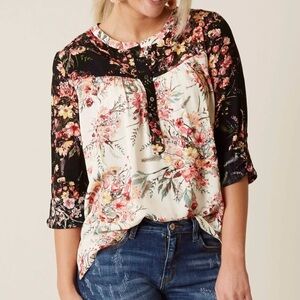 Miss Me Floral Mixed-Print Blouse in Black & Cream